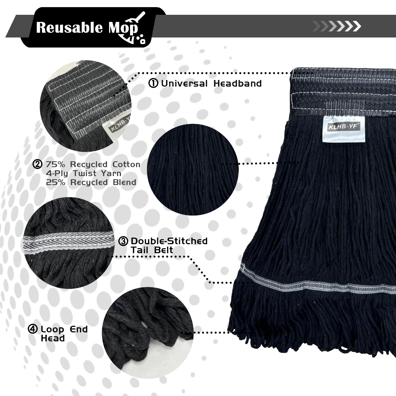 KLHB-YF 21 oz Thick Looped End Black Mop Heads - Heavy Duty Thick Black Replacement Mop Heads Cotton Washable Industrial mop Heads Heavy Duty for Commercial & Home Cleaning