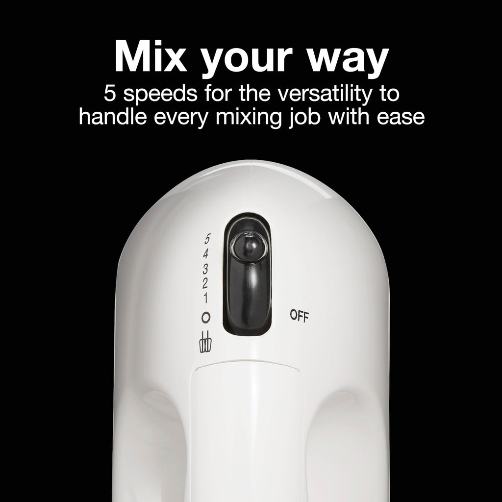 Proctor Silex Easy Mix 5-Speed Electric Hand Mixer with Bowl Rest, Compact and Lightweight, 100 Watts of Peak Power, White (62515G)