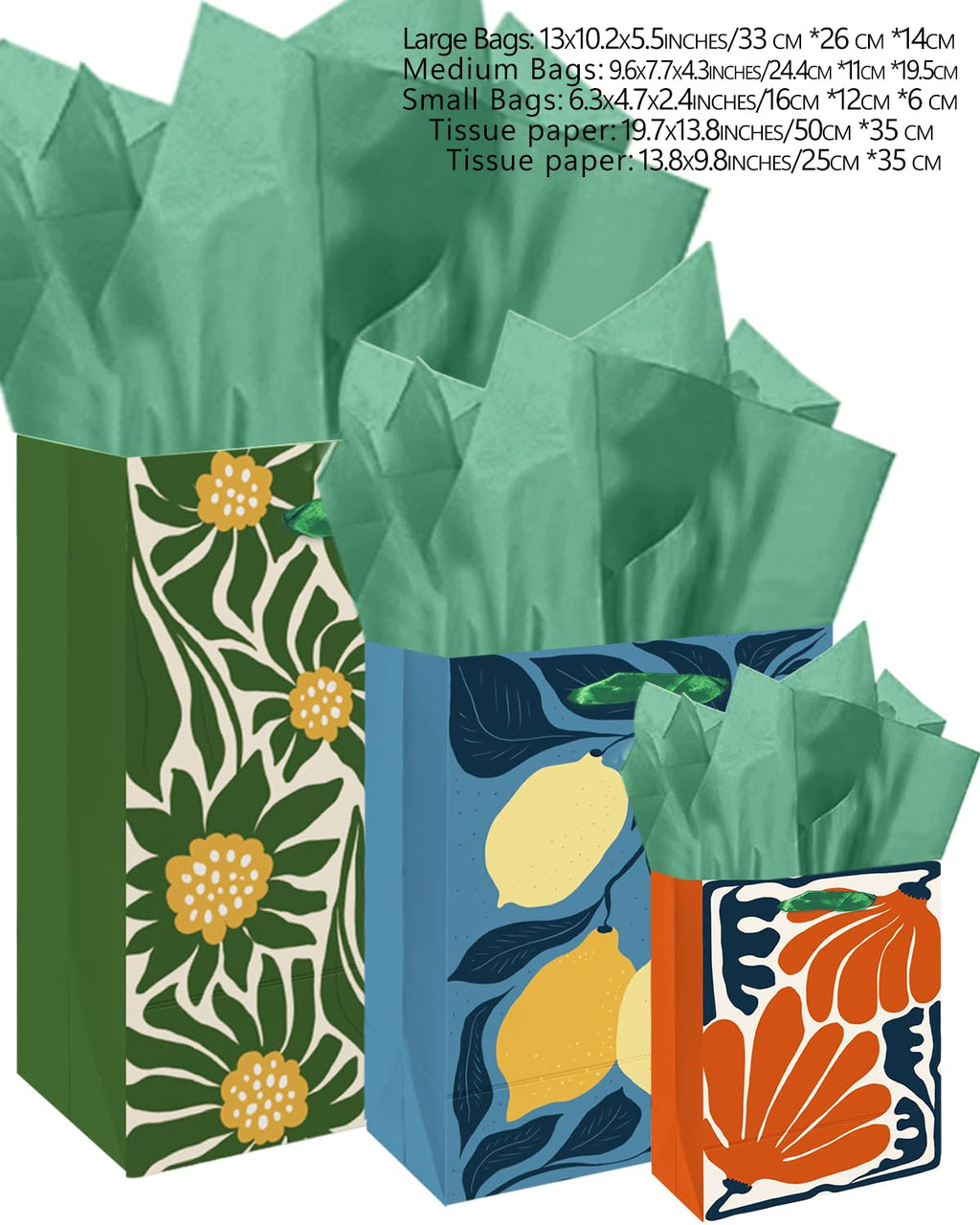 qiqee Clash Flowers Gift Bags with Tissue Paper Mulit Assorted Sizes 10PCS Present Party Favor Birthday Bags(2pcs Large 13", 4pcs Medium 9", 4pcs Small 6", Tissue Paper)