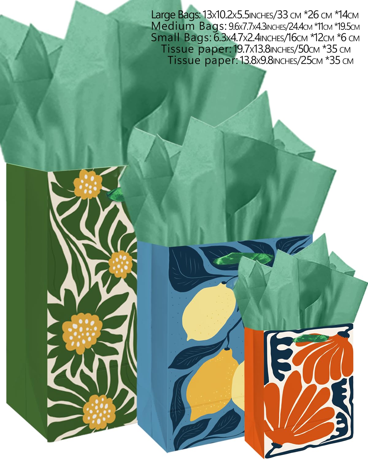 qiqee Clash Flowers Gift Bags with Tissue Paper Mulit Assorted Sizes 10PCS Present Party Favor Birthday Bags(2pcs Large 13", 4pcs Medium 9", 4pcs Small 6", Tissue Paper)