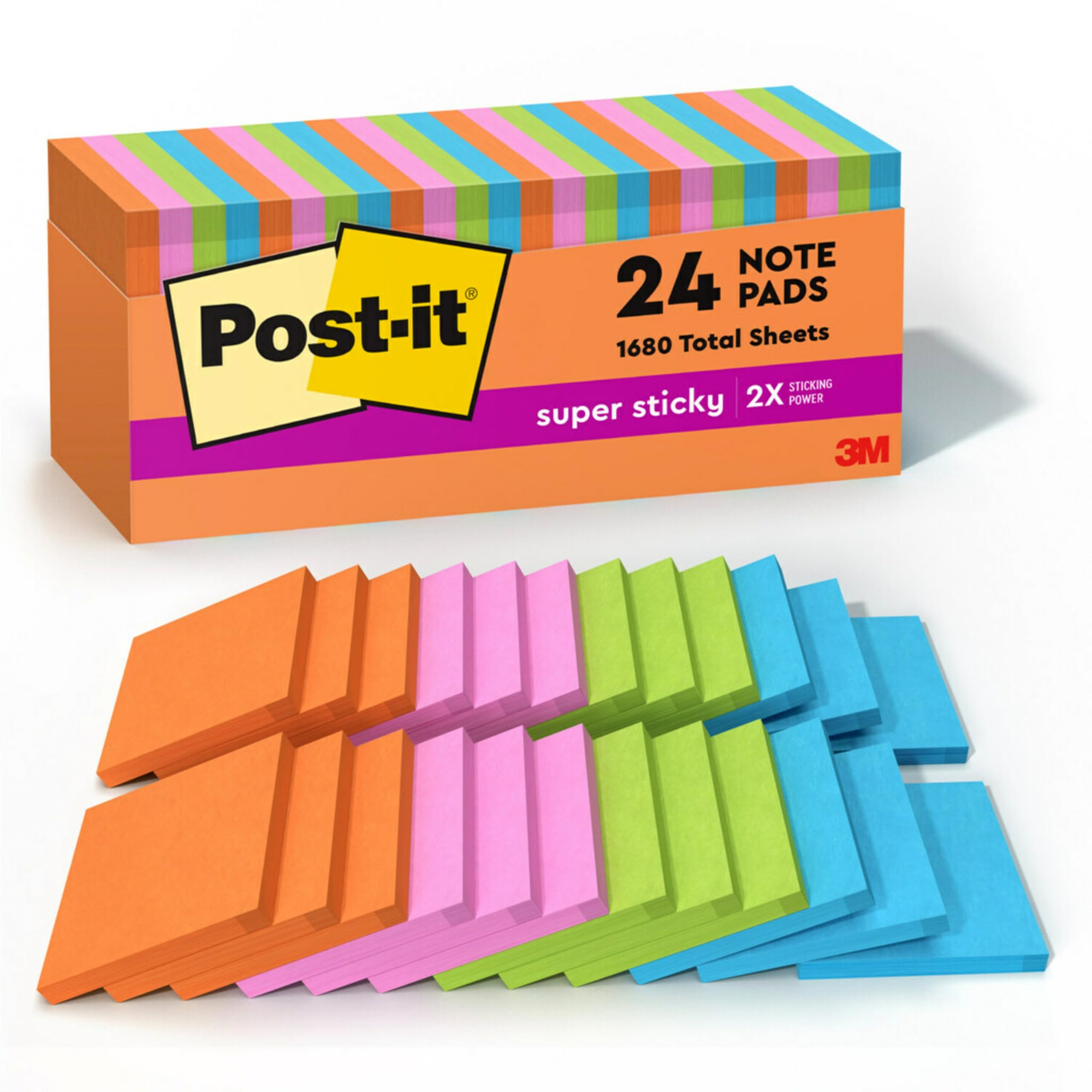 Post-it Super Sticky Notes, 3 in x 3 in, Rio de Janeiro Collection, 24 Pads, 70 Sheets/Pad, Cabinet Pack (654-24SSAU-CP)