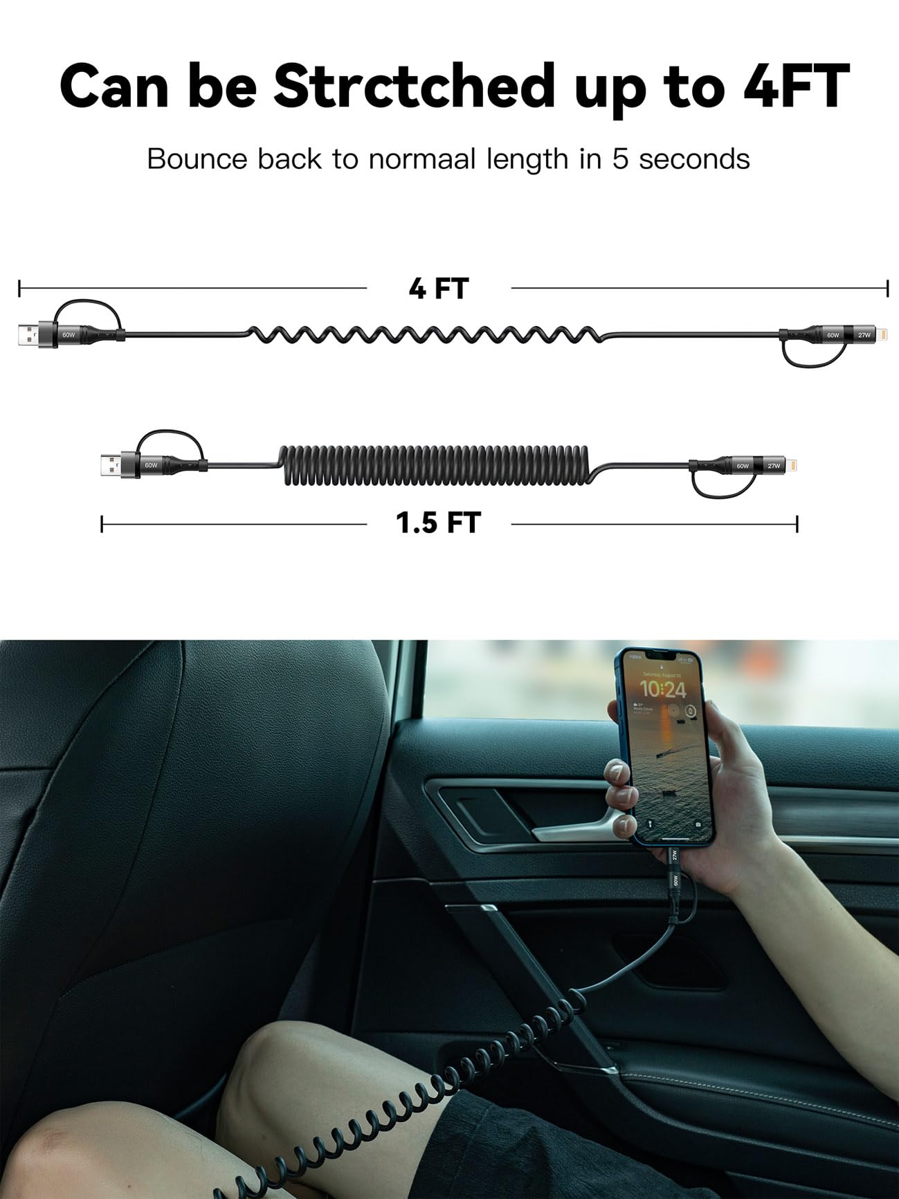Miger 60W Coiled USB C Cable,4 in 1 Charging Cable 2Pack 4FT USB-C to Lightning Cable for Car Type C to USBC Fast Charging Cables for iPhone 17/16/15/14/13/12/11 Series/iPad/MacBook/CarPlay