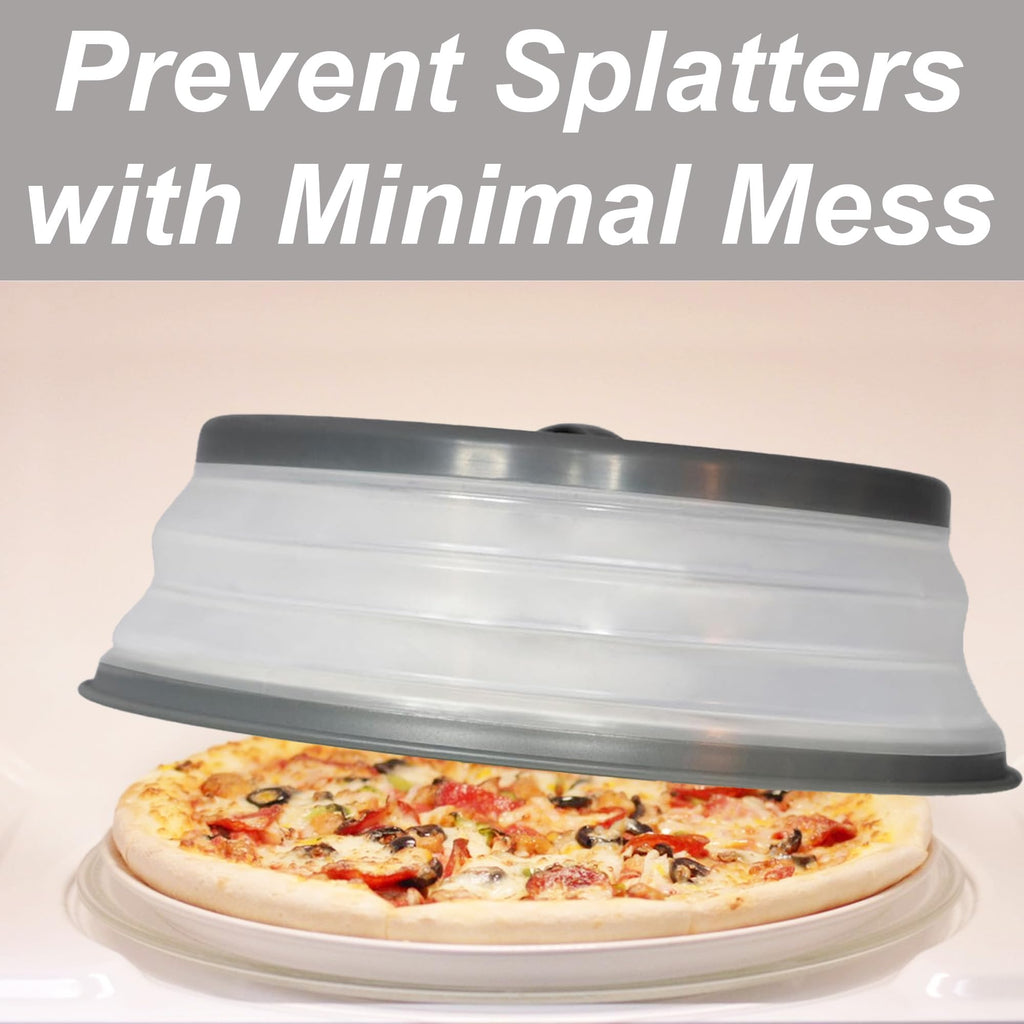 Microwave Splatter Cover for Food, Collapsible & Vented Silicone Splatter Guard Lid, BPA Free Plate & Dish Cover with Handle, Colander, Grey
