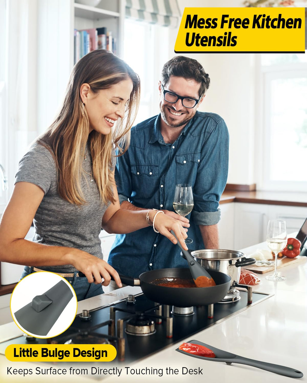 Pack of 2 Cooking Spoons for Non Stick Cookware, Multifunction Spatula Spoon BPA-Free, One-Piece Design, Suitable for Scooping, Scraping, Serving and Mixing (Gray-Blue)