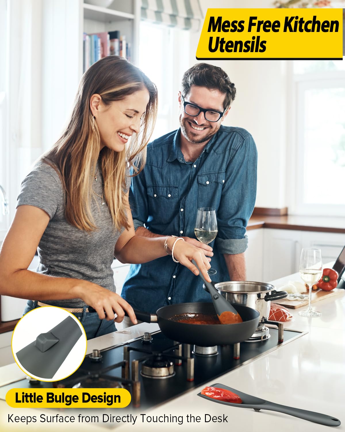 Pack of 2 Cooking Spoons for Non Stick Cookware, Multifunction Spatula Spoon BPA-Free, One-Piece Design, Suitable for Scooping, Scraping, Serving and Mixing (Gray-Blue)
