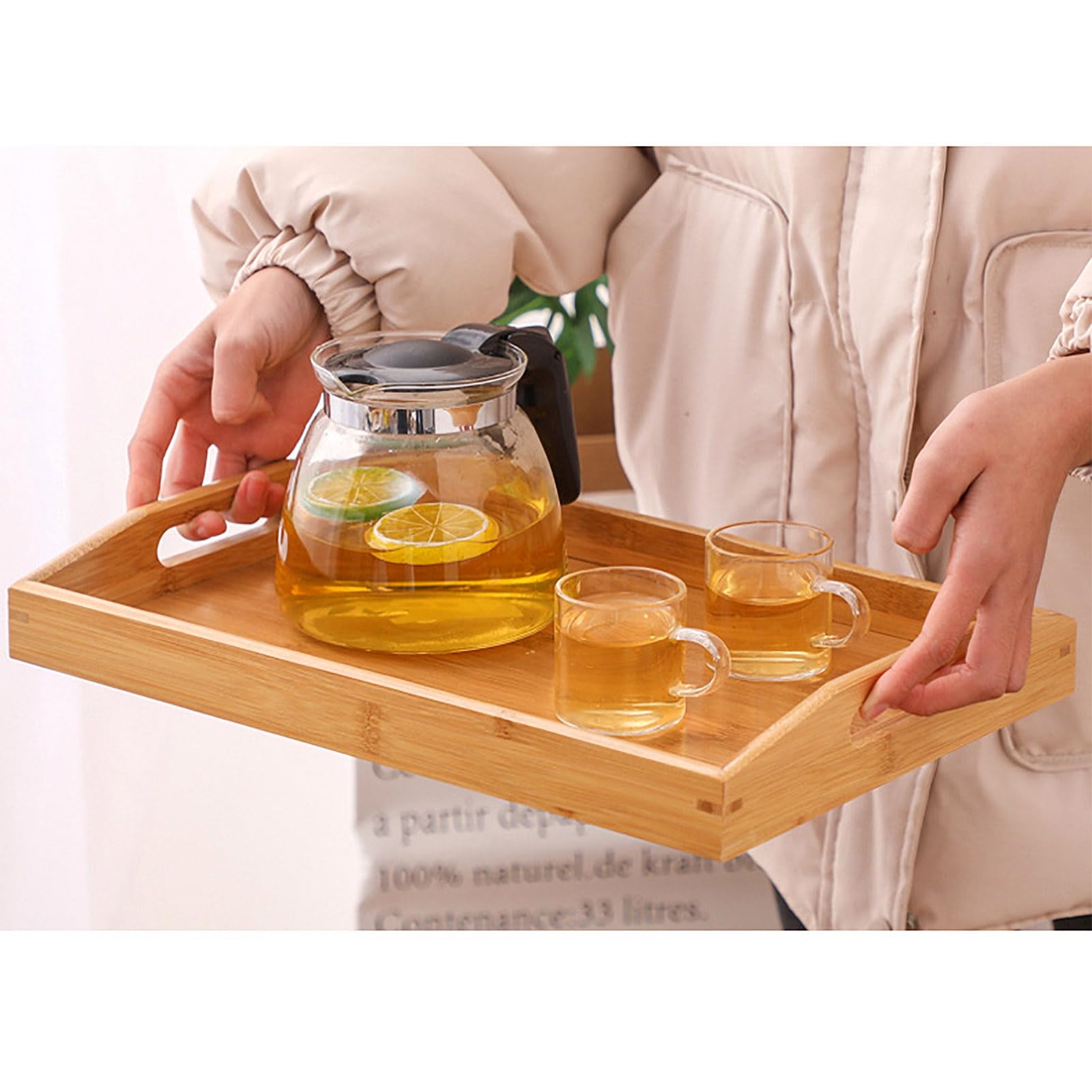 GKYMYZ Bamboo Wood Tray with Handles,16.5x11.5x2 inches,Wooden Serving Trays,Couch Tray Table,Suitable for Dinner Tray,Tea Tray,bar,Coffee or Any Food Tray-Suitable for Party or Breakfast in Bed Tray