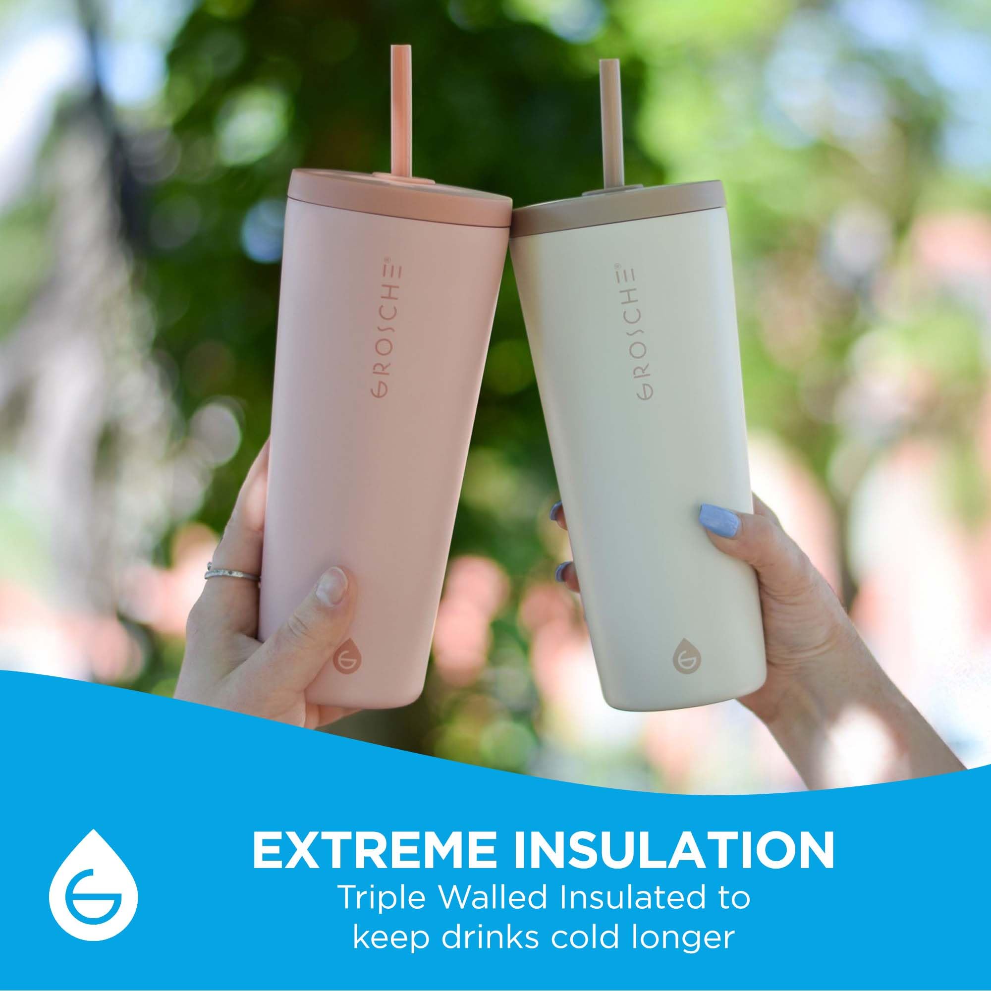 GROSCHE Jasper Tumbler with Straw. Extreme Insulation, Classy Design, Built to Last, Insulated Stainless Steel Tumbler with Lid and Straw, Perfect for Iced Coffee, Canadian Brand! - 23 fl oz, Pink