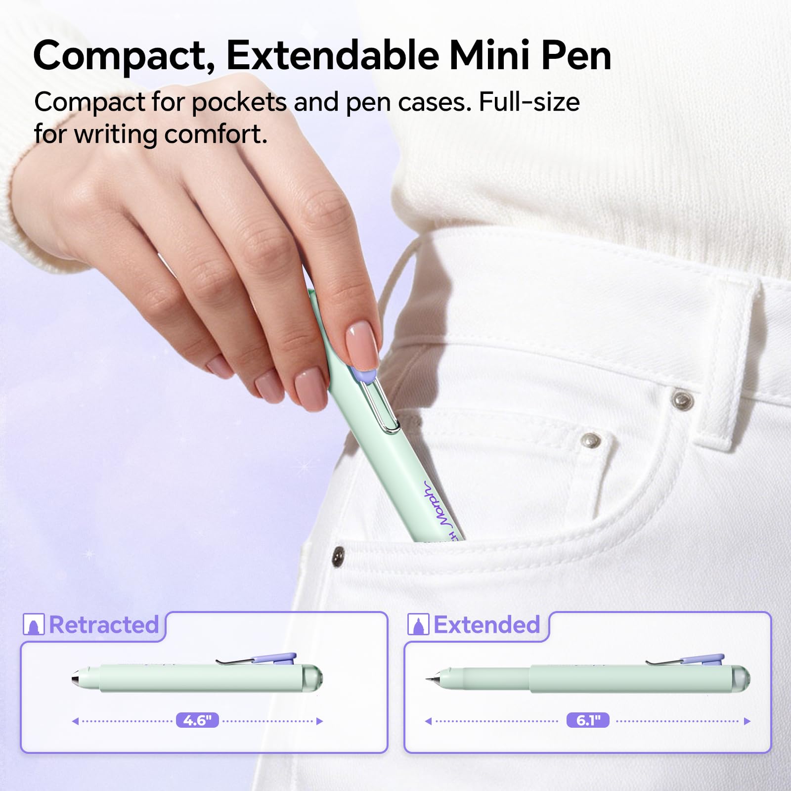 WRITECH Gel Pen Fine Point: 0.7mm Black Ink Mini to Full Size Soft Grip Portable Extendable Pocket Pen Set with 2 Pens and 2 Refills