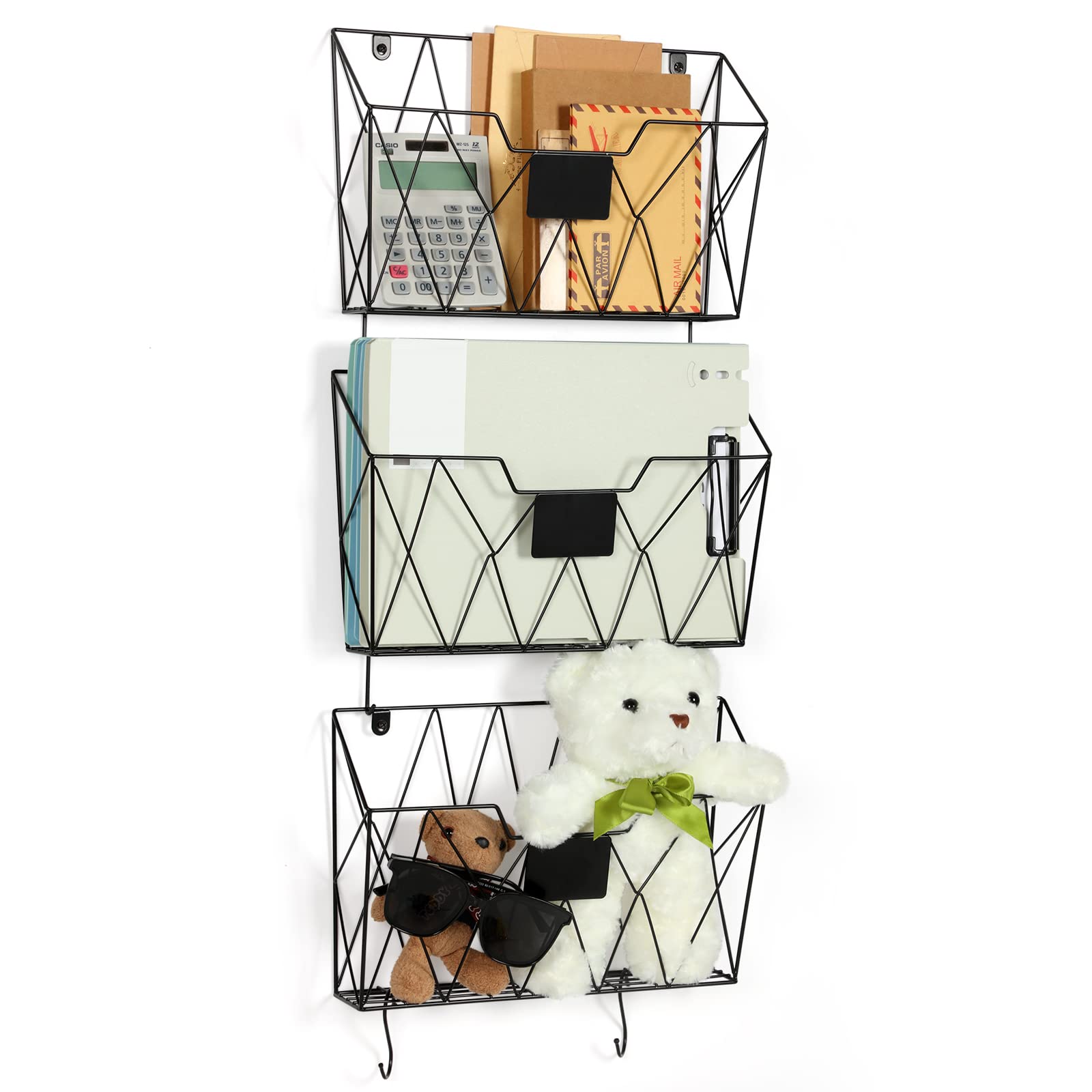 OYEAL Hanging Wall File Organizer Metal Wall File Holder 3 Pockets Mail Organizer Wall Mounted with Hooks for Office Home, Black
