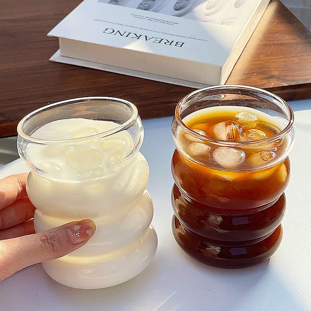 ALINK 16 oz Bubble Drinking Water Glasses Tumblers- Glass Cups Cute Ripple Shaped Vintage Ribbed Glassware- Cocktail,Soda, Juice, Coffee, Milk - Set of 4