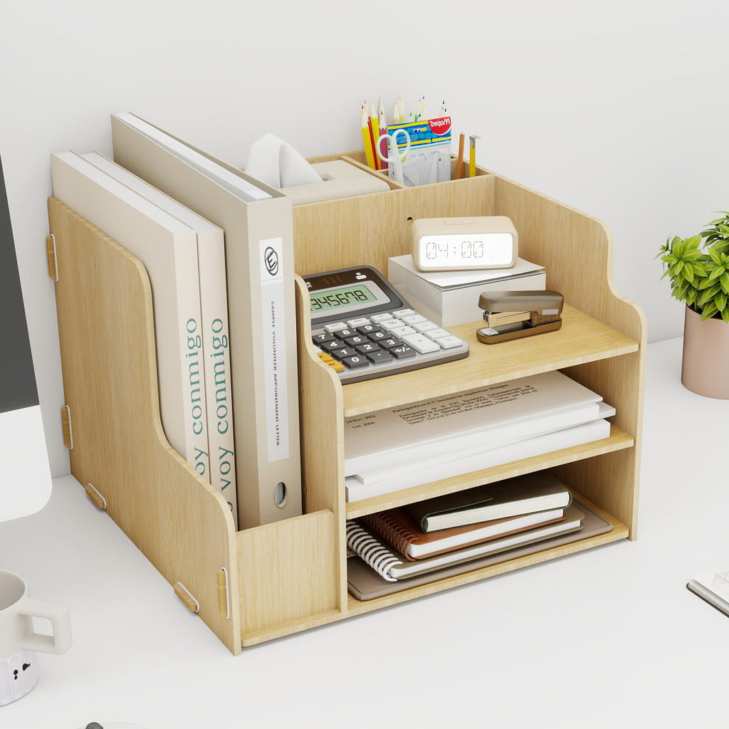 PUNCIA 3-Tier Desktop File Organizer Multifunctional File Rack with Horizontal File Sorter A4 Letter Paper Tray Organizers & 2 Pen Holders Mail Document Magazine File Holder for Desk Office Supplies