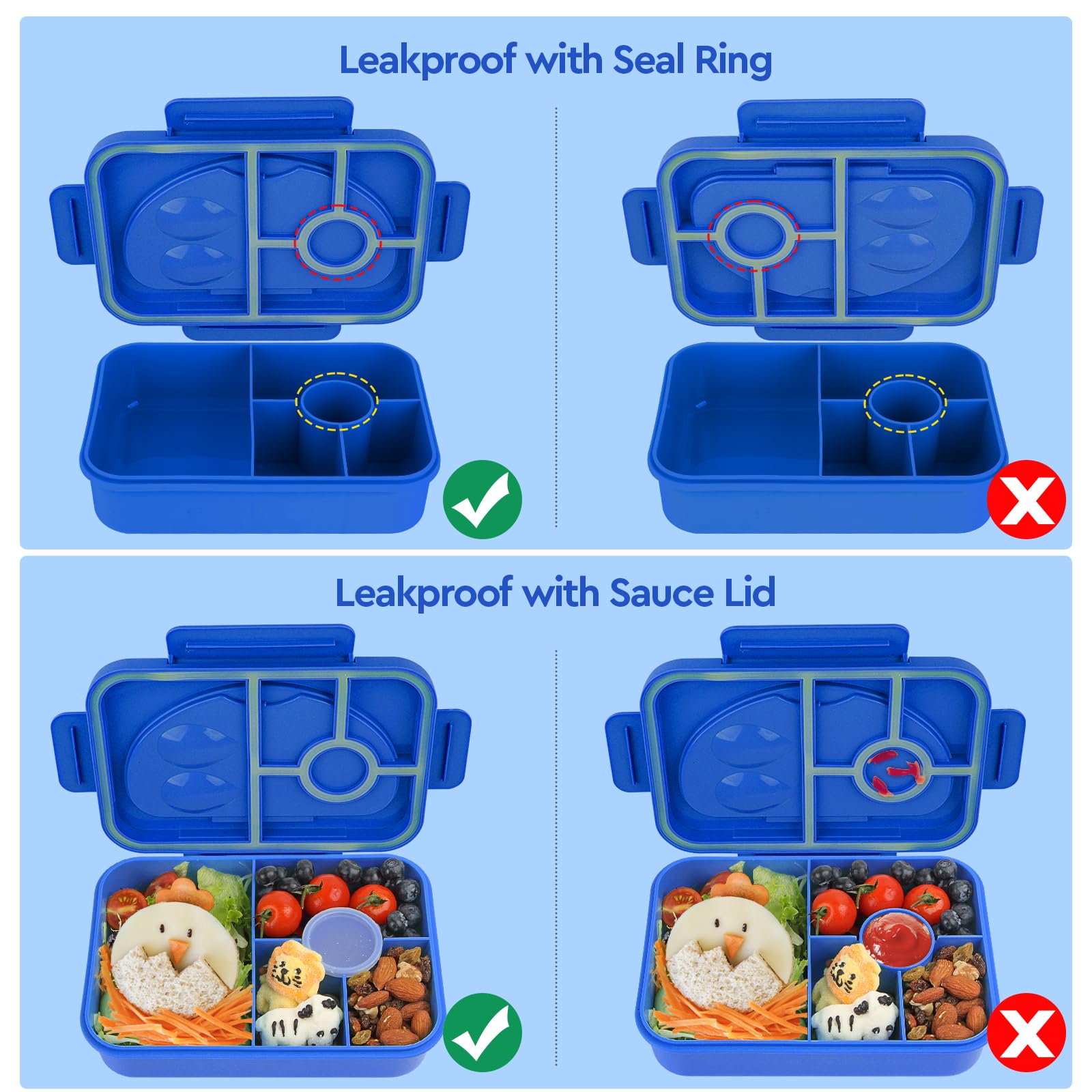 Lunbxx Kids Lunch Box, Bento Lunch Boxes for Kids, 5 Compartments Lunch Containers for Adults Kids,Bento Box Adult Lunch Box with Utensil Reusable & Leakproof (Bright Blue)