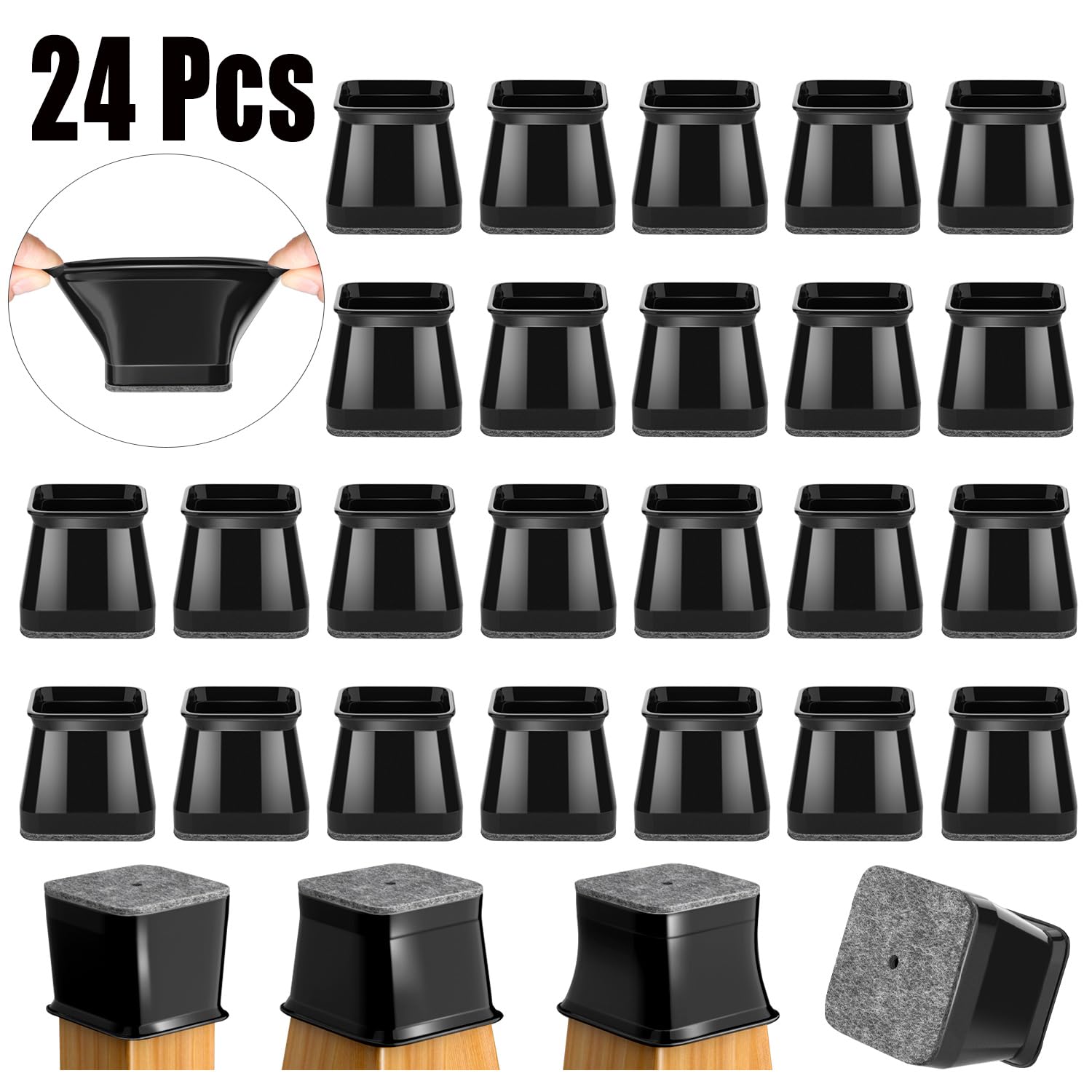Chair Leg Floor Protectors Square 24PCS Furniture Sliders for Hardwood Floors, Silicone Chair Leg Protectors for Protecting Floors from Scratches and Noise, Black Large（1-1/16" ~ 1-5/8" (27mm-40mm)