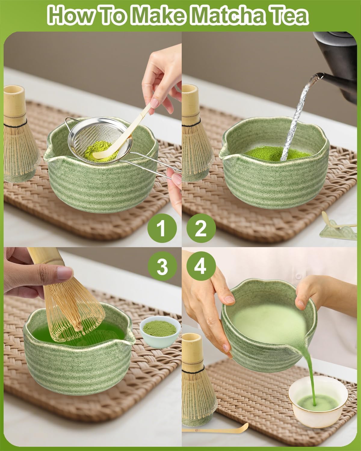 Matcha Set Matcha Tea Set 7 Pcs - Bamboo Matcha Whisk, Matcha Bowl with Spout, Matcha Whisk Holder, Sieve, Spoon and Holder, Japanese Matcha Accessories for Matcha Lover - Classic Green