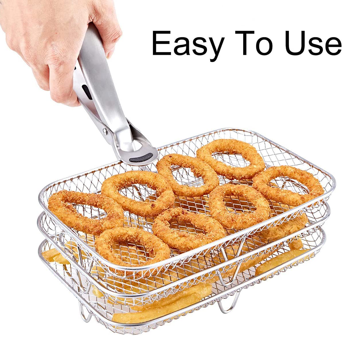 Three Stackable Dehydrator Racks Air Fryer Rack for Ninja Dual Fryer, Air Fryer Accessories 304 Stainless Steel Air Fryer Basket Tray for Oven and Press Cooker Compatible (Rectangle)