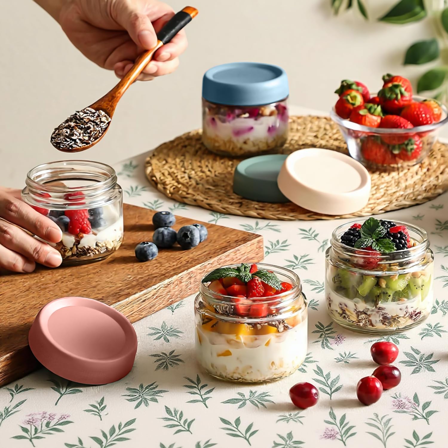 Oillase 6-pack 8oz Glass jars with Airtight Lids, Overnight Oats Containers with Lids, Wide mouth Mason Salad jars, Glass Food Storage Containers for Snacks Yogurt Spice Sugar