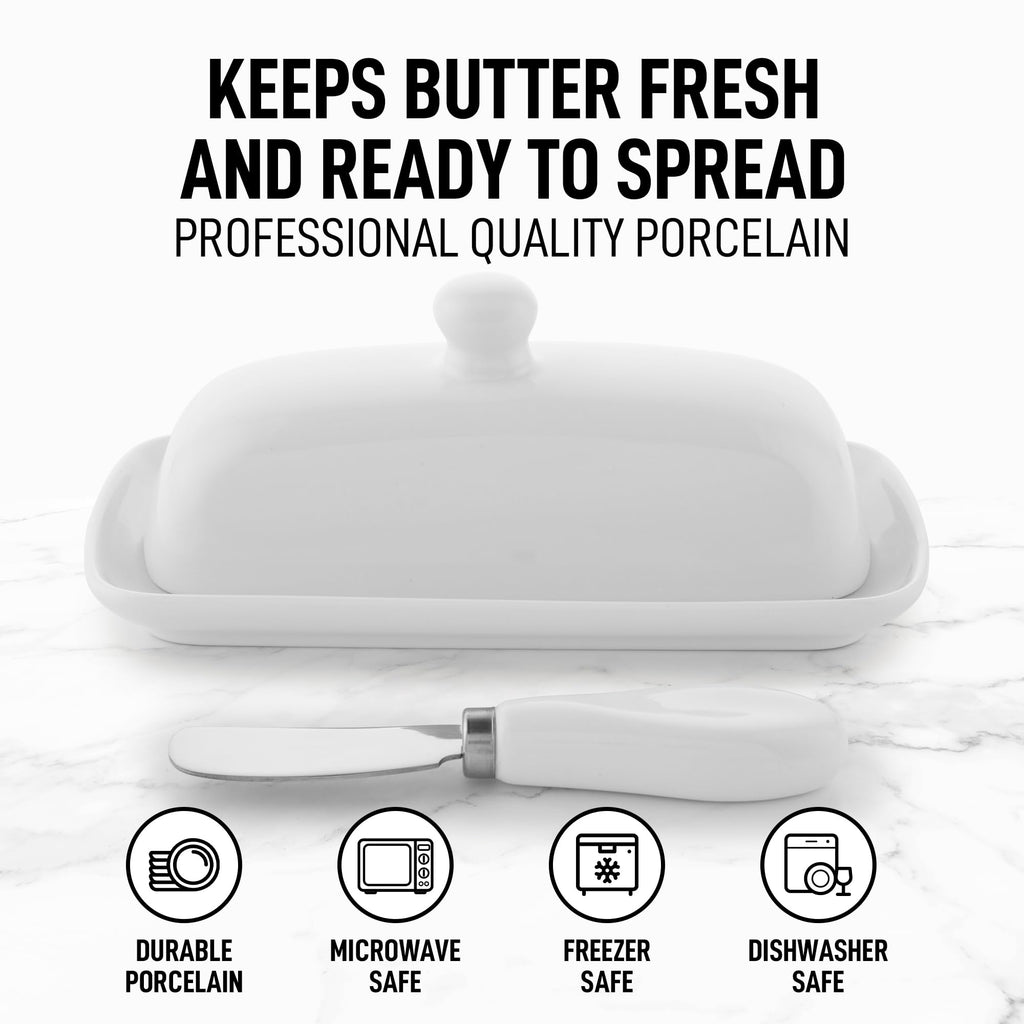 Zulay Porcelain Butter Dish with Lid – White Ceramic Butter Container with Knob Handle – Classic Countertop Butter Holder for 1 Standard Stick – Covered Butter Tray for Western or Eastern Butter