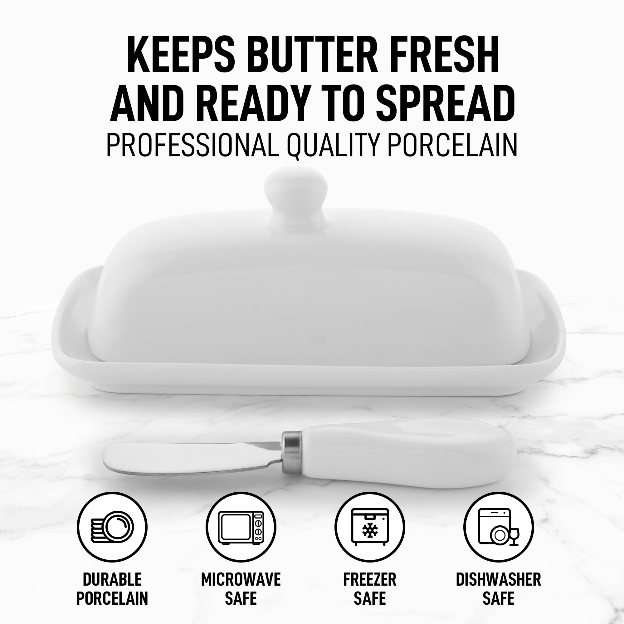 Zulay Porcelain Butter Dish with Lid – White Ceramic Butter Container with Knob Handle – Classic Countertop Butter Holder for 1 Standard Stick – Covered Butter Tray for Western or Eastern Butter