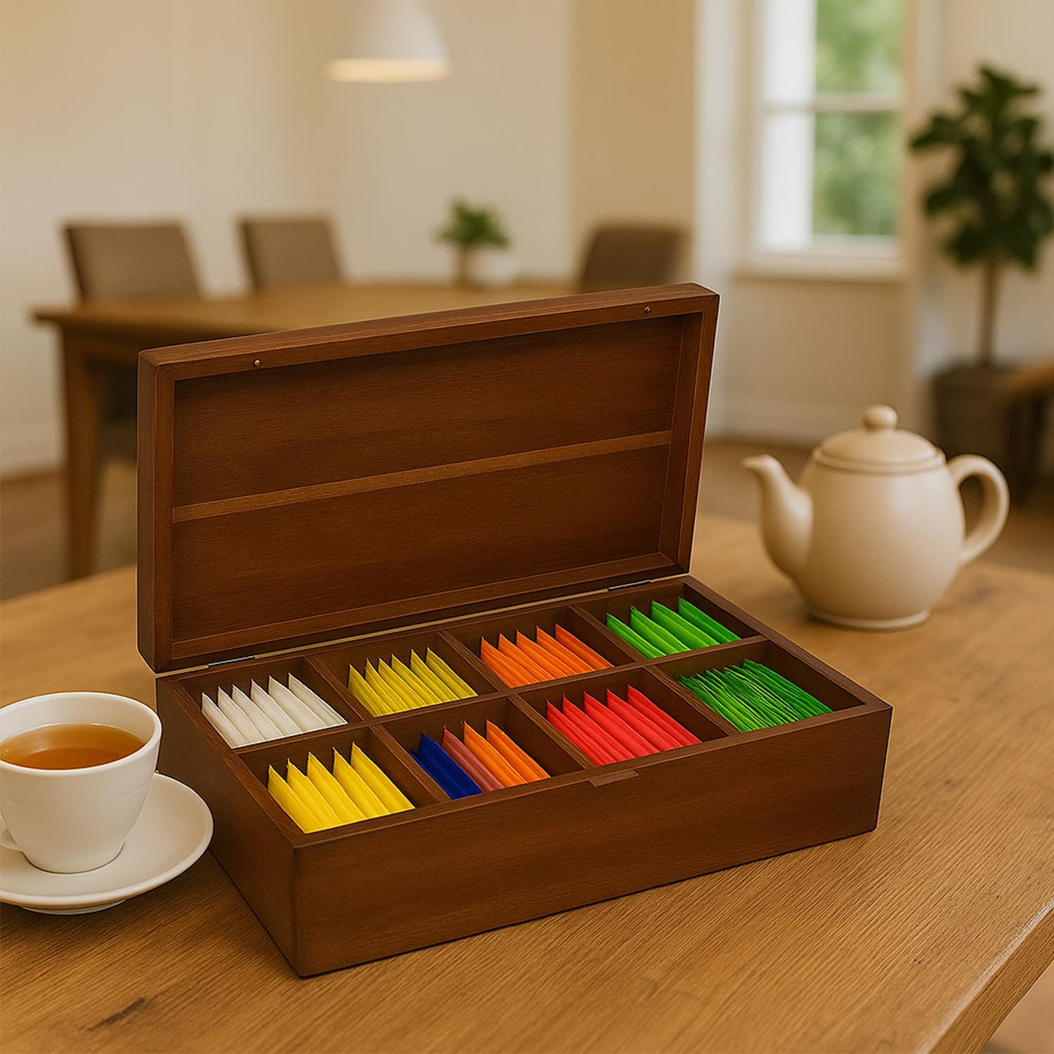 Acacia Wood Tea Bag Organizer, Tea Packet Caddy Storage Box, Teabag Holder Container with 8 Compartments, Organizador De Té Caja Para Te