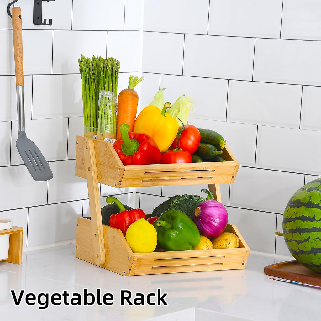 VIKEYHOME 2-Tier Bamboo Fruit Basket, 11" Tall, Multipurpose, Large Capacity, Natural, 15 mm Thickness (Self-Assembly)