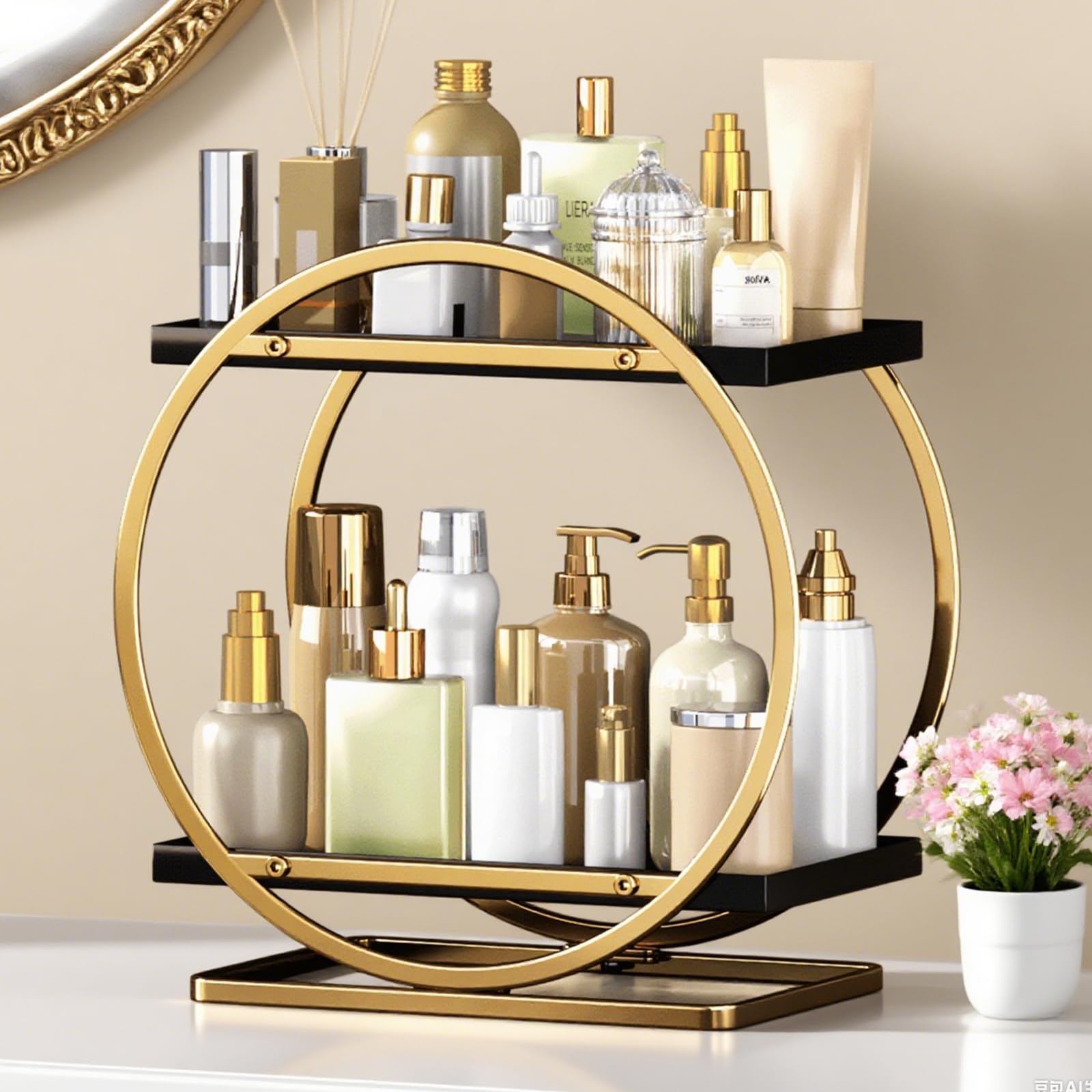 YIWANFW 2-Tier Makeup Organizer - Modern Elegant Black & Gold Countertop Perfume & Cosmetics Display Shelf
