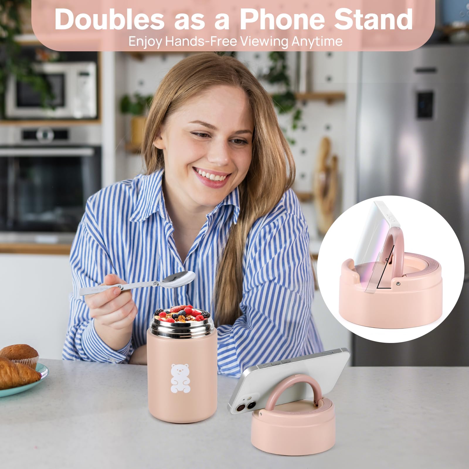 Thermo Food Container - 600ML Insulated Lunch Box with Foldable Fork& Spoon, Leak Proof Food Thermo, Portable Wide Mouth Soup Container for Outdoors, Indoors, Office, Picnic (Pink)