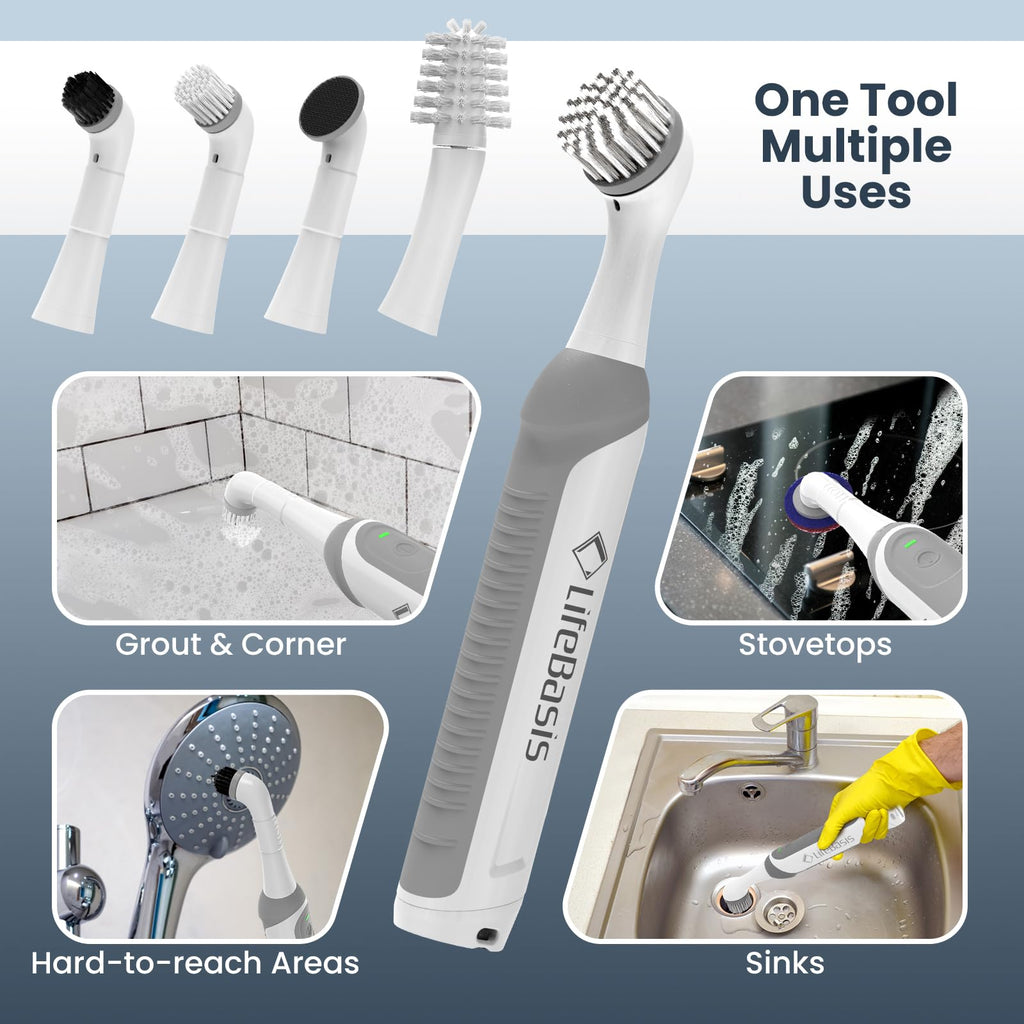 LifeBasis Rechargeable Power Scrubber, Cordless Electric Cleaning Brush, Water Resistant Small Electric Grout Brush with 5 Brushes for Home/Kitchen/Bathroom/Grout/Tile/Shower/Tub, White