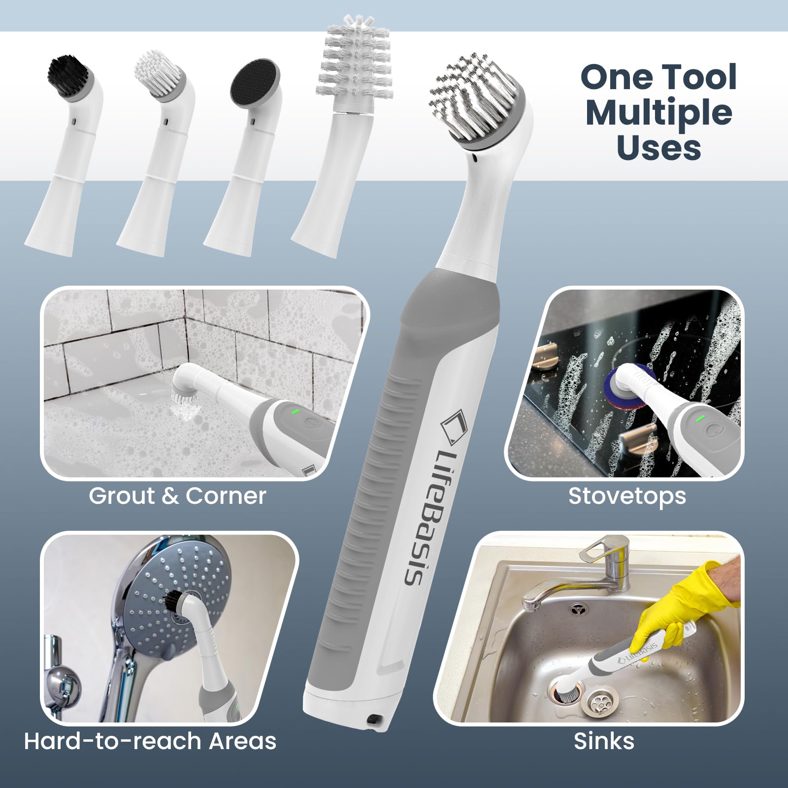 LifeBasis Rechargeable Power Scrubber, Cordless Electric Cleaning Brush, Water Resistant Small Electric Grout Brush with 5 Brushes for Home/Kitchen/Bathroom/Grout/Tile/Shower/Tub, White