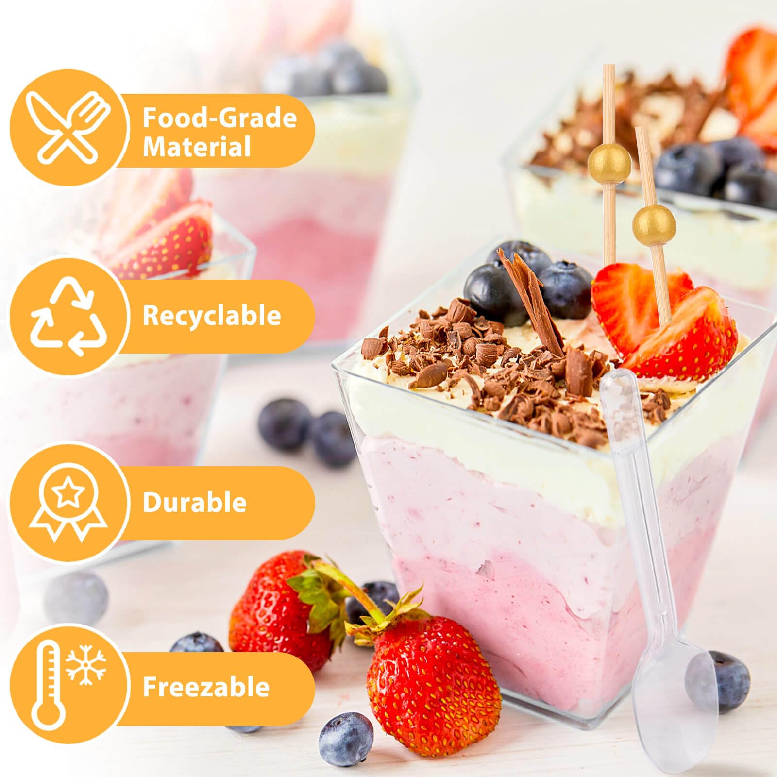 Jupwalz 190 Pcs 5 OZ Dessert Cups Set with Spoons Cocktail Picks, Clear Mini Dessert Shooter Cups, Plastic Parfait Cups for Party Appetizers Yogurt Pudding Fruit Ice Cream Jello Shooter Cup