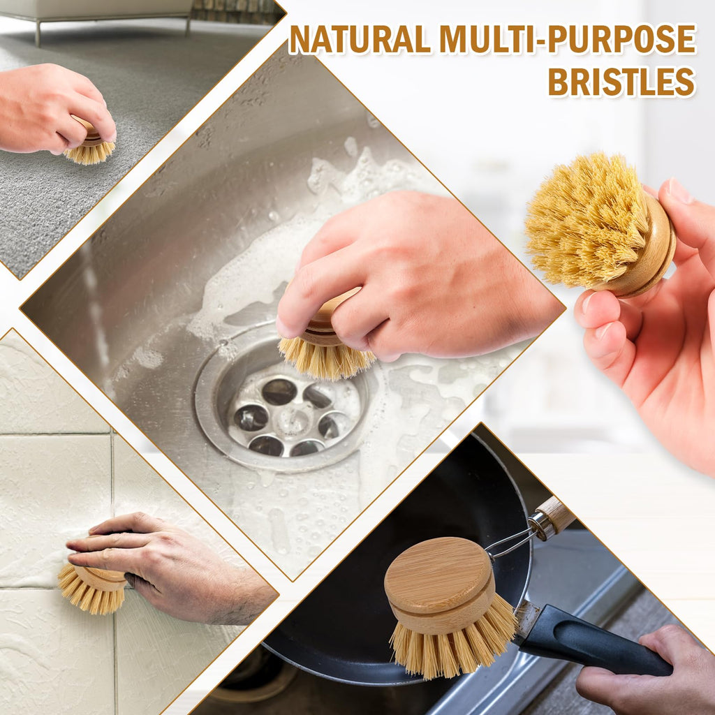 Bamboo Dish Brush, 6 Replacement Heads, Natural Washing Up Brushes Heads, Dish Scrub Brush Replacement Brush Refill, Soft Sisal Bristle Dish Scrubber, Brush for Kitchen Cleaning Pots Pans