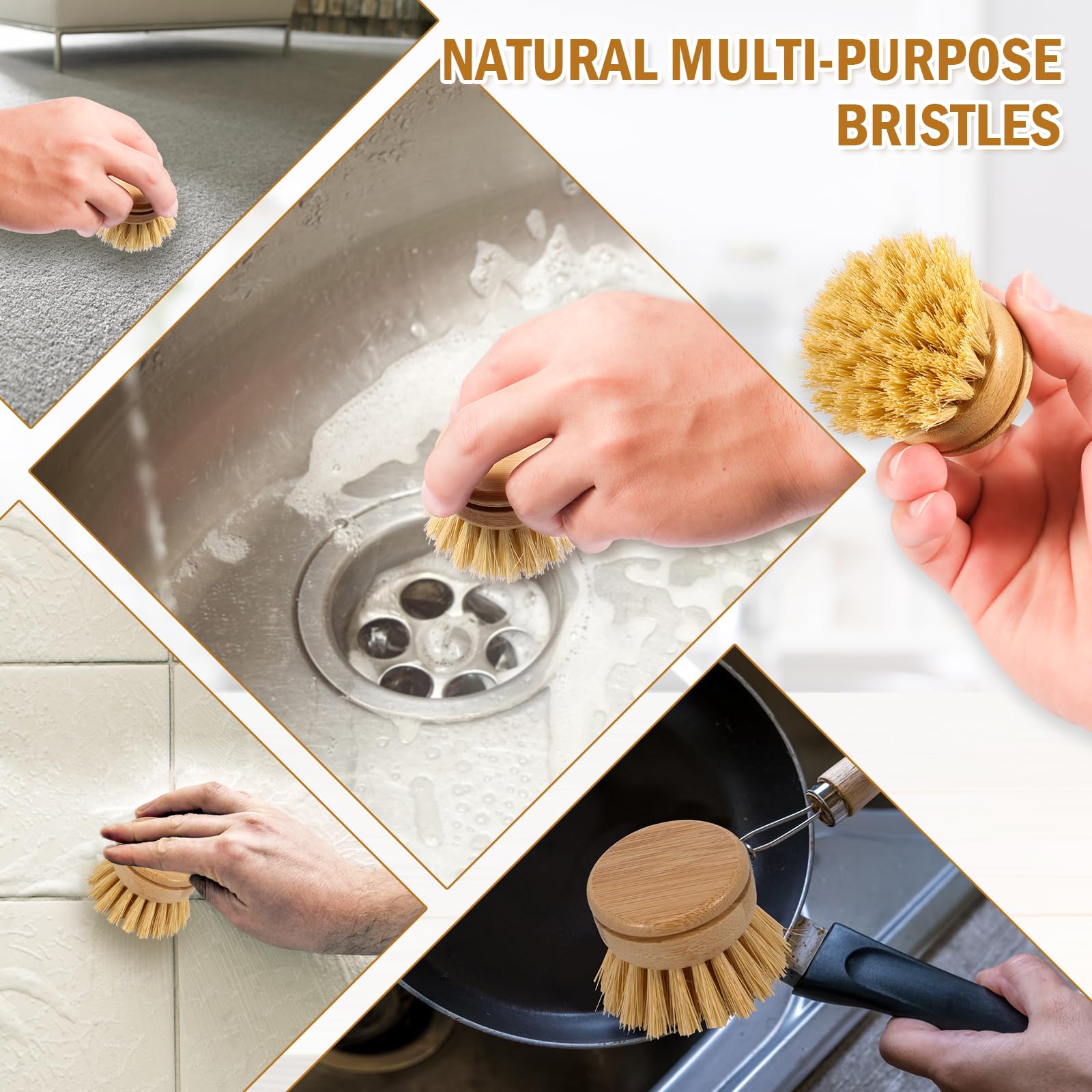 Bamboo Dish Brush, 6 Replacement Heads, Natural Washing Up Brushes Heads, Dish Scrub Brush Replacement Brush Refill, Soft Sisal Bristle Dish Scrubber, Brush for Kitchen Cleaning Pots Pans