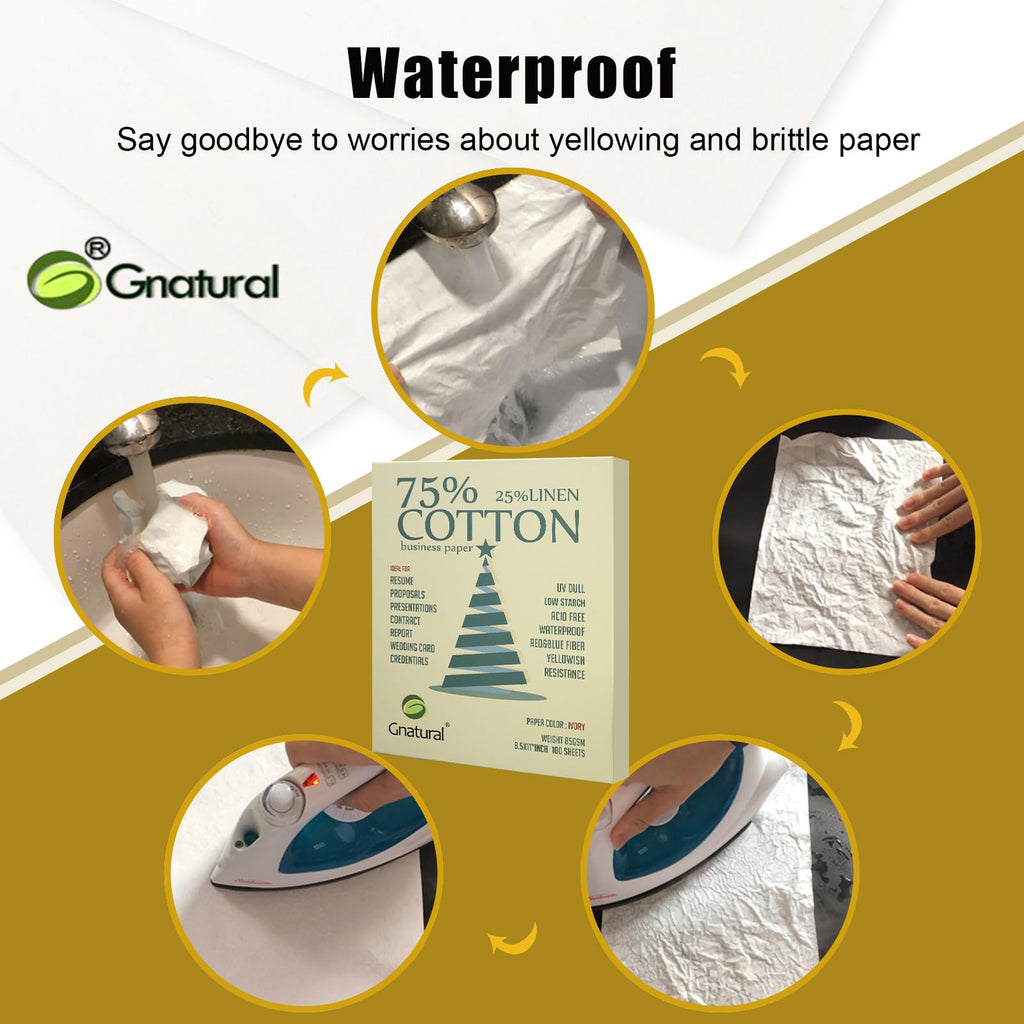 Gnatural 75% Cotton, 25% Linen, Ivory Business Paper, 85 gsm, 8.5" W x 11" L, Non Wet Print Paper, 100 per Box with Low Starch