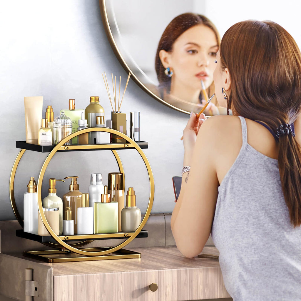 YIWANFW 2-Tier Makeup Organizer - Modern Elegant Black & Gold Countertop Perfume & Cosmetics Display Shelf