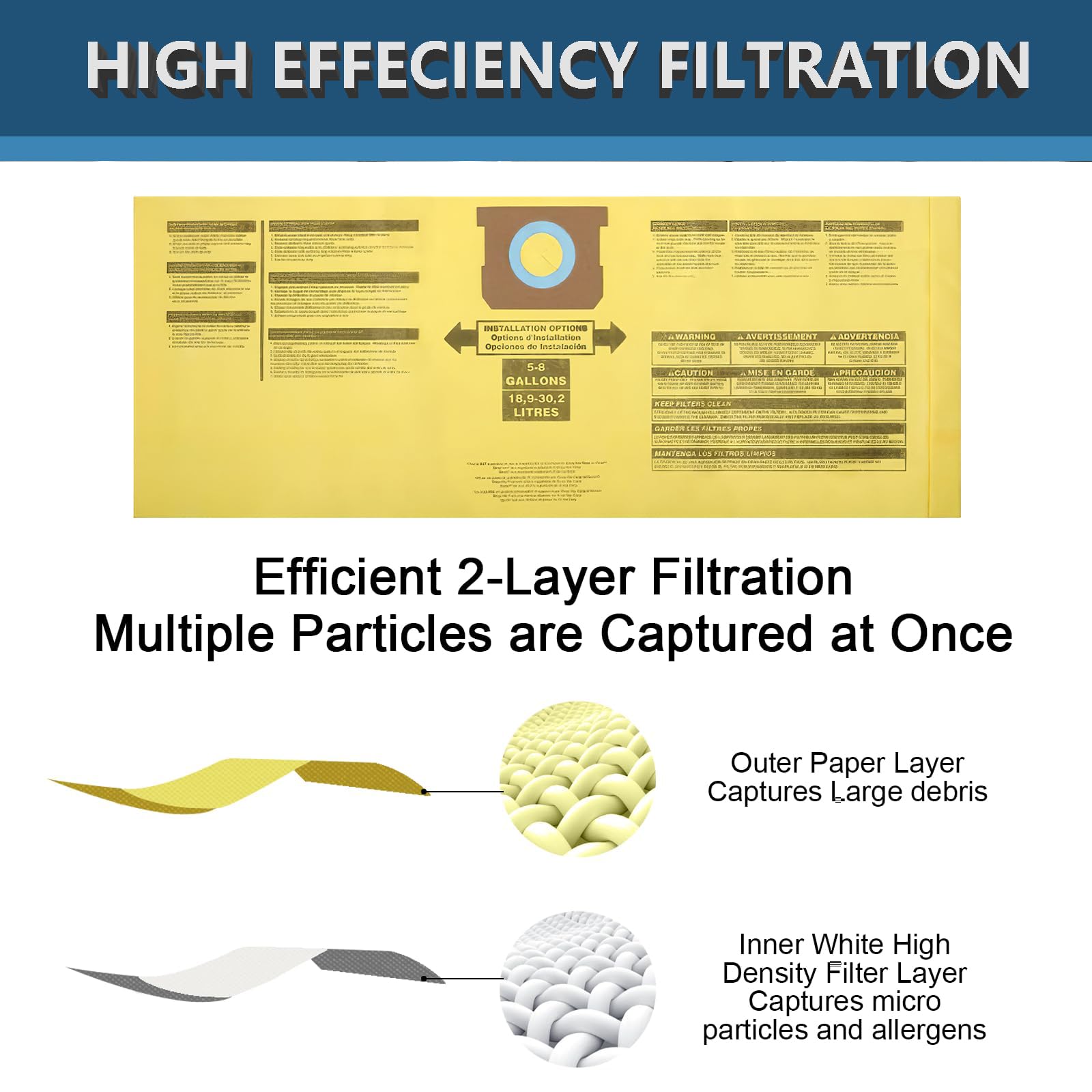 12 Pack Vacuum Filter Bags for Shop Vac 5-8 Gallon Type E/Type H, Canister Vacuum Cleaner Dust Bags for Shop Vac Replace Part 90661 9066100 90671 9067100 Yellow