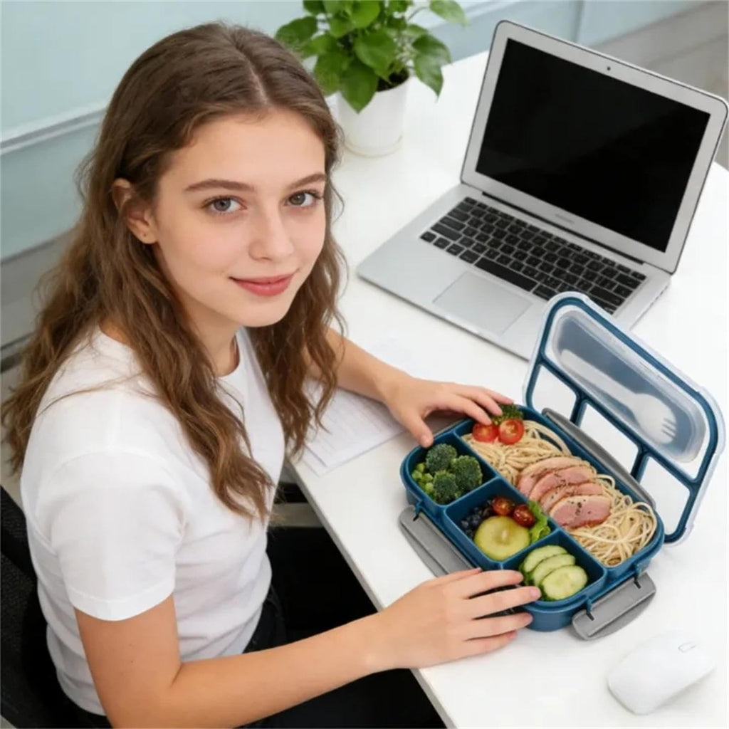 Okllen 3 Pack Bento Lunch Box, Plastic Bento Box Adult Lunch Box with 4-Compartment & Spoon, Leakproof Lunch Containers for Meals,Snacks, School, Company, and Travel, Pink, Green, Blue