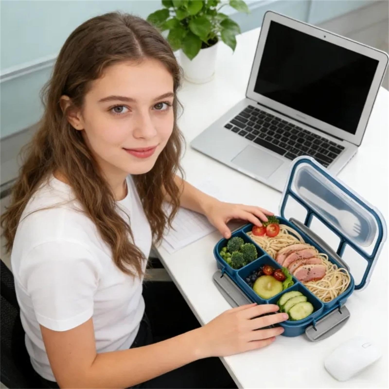 Okllen 3 Pack Bento Lunch Box, Plastic Bento Box Adult Lunch Box with 4-Compartment & Spoon, Leakproof Lunch Containers for Meals,Snacks, School, Company, and Travel, Pink, Green, Blue
