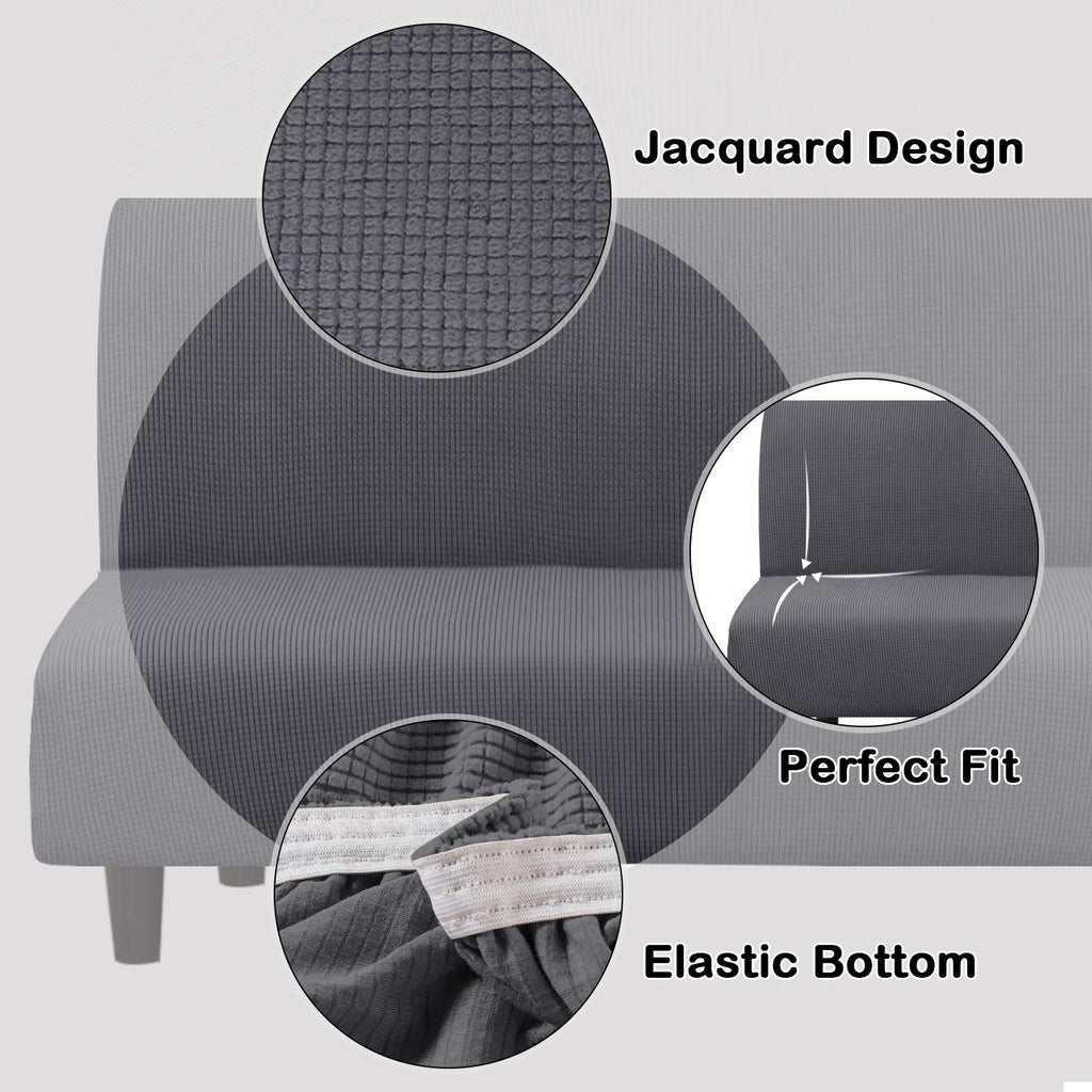 Turquoize Futon Cover Stretch Armless Sofa Slipcover Spandex Non Slip Soft Couch Sofa Cover Without Arms Futon Slipcovers for Living Room Furniture Protector with Elastic Bottom, Charcoal Gray