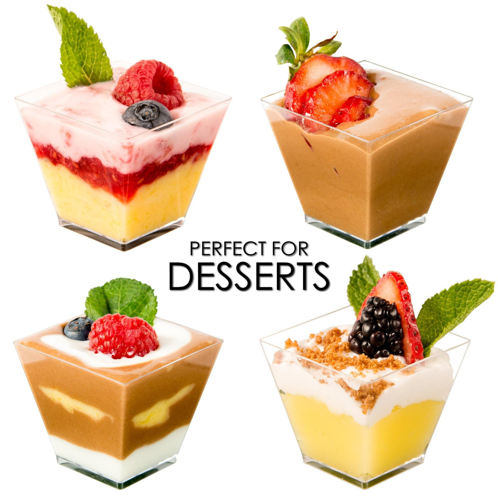 DLux 50 x 2 oz Mini Dessert Cups with Spoons, Square Short - Clear Plastic Parfait Appetizer Cup - Small Reusable Serving Bowl for Tasting Party Desserts Appetizers - with Recipe Ebook