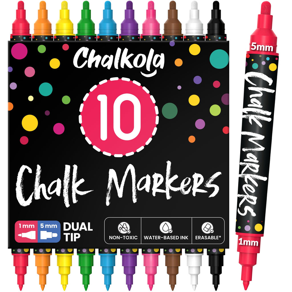Chalkola Dual Tip Liquid Chalk Markers for Blackboard (10 Pack, 1mm+5mm Fine, Bold) - Dry Erase Marker Pens for Chalkboards Signs, Car Windows, Glass, Mirrors - Erasable Chalkboard Markers