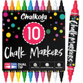 Chalkola Dual Tip Liquid Chalk Markers for Blackboard (10 Pack, 1mm+5mm Fine, Bold) - Dry Erase Marker Pens for Chalkboards Signs, Car Windows, Glass, Mirrors - Erasable Chalkboard Markers