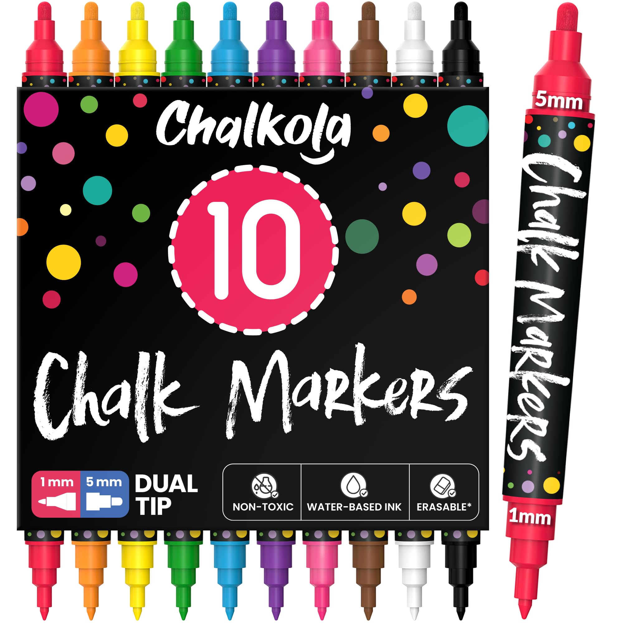 Chalkola Dual Tip Liquid Chalk Markers for Blackboard (10 Pack, 1mm+5mm Fine, Bold) - Dry Erase Marker Pens for Chalkboards Signs, Car Windows, Glass, Mirrors - Erasable Chalkboard Markers