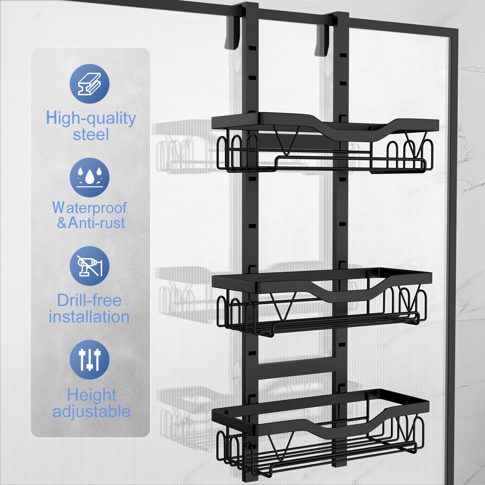 LOOBOV Shower Caddy Hanging, Over Glass Door Shower Shelf, 3-Tier Bathroom Organizer/Rack No Drilling (Black)