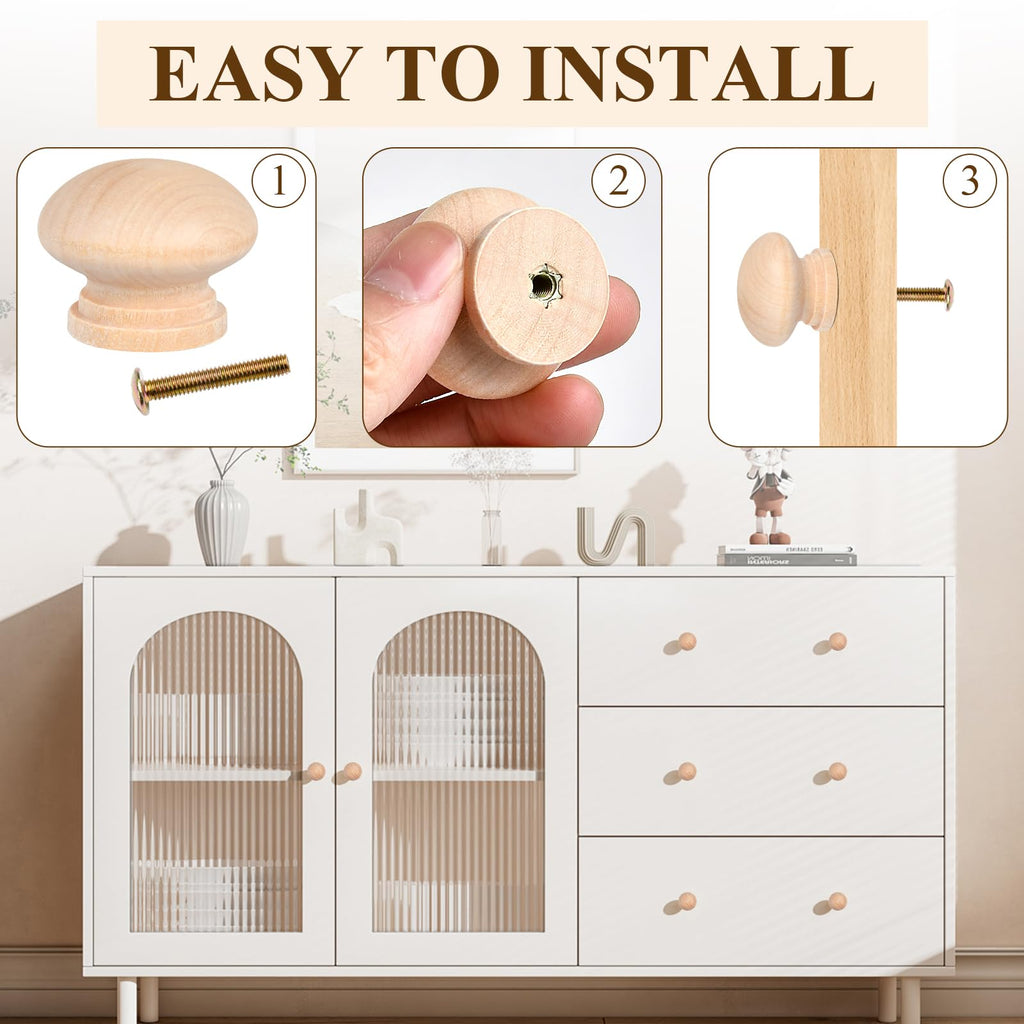 Supkiir 40Pcs Wooden Drawer Knobs, 1.06in Round Mushroom Shape Dresser Knobs, Natural Wood Cabinet Knobs with Screw Unfinished Furniture Knobs for Dresser Drawers Cupboard Door Pulls Handles