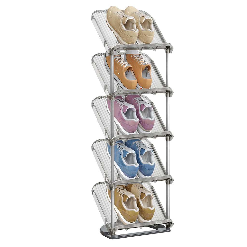 SONGMICS 5-Tier Slim Sloping Shoe Rack, Plastic Shoe Organiser, 24.5 x 28.4 x 102.5 cm, Customizable, Easy Assembly, Space Saving, for Small Spaces, Hallway, Closet, Gray ULPC049GZ01