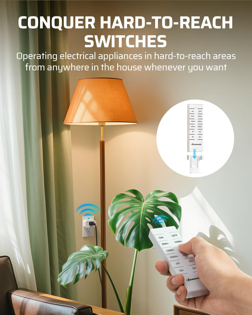 DEWENWILS Wireless Remote Control Outlet with Timer, Indoor Remote Timer Outlet, No Interference No Wiring, 15A/1875W 100FT RF Range, Countdown Light Switch for Lamp, Fan, Christmas Decor