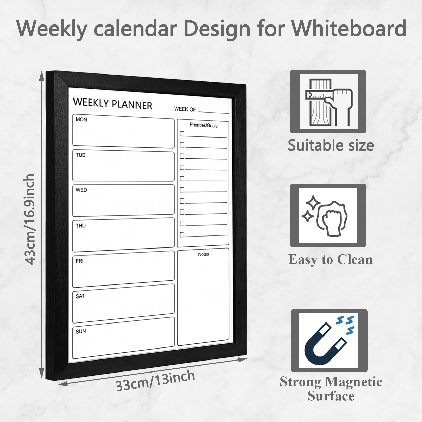 Dry Erase White Board &Weekly Calendar Board, Magnetic Whiteboard for Wall,13“x17 Solid Wood Black Framed Message Board, Planner Board for Office, Home（Weekly-BB-BK-3343