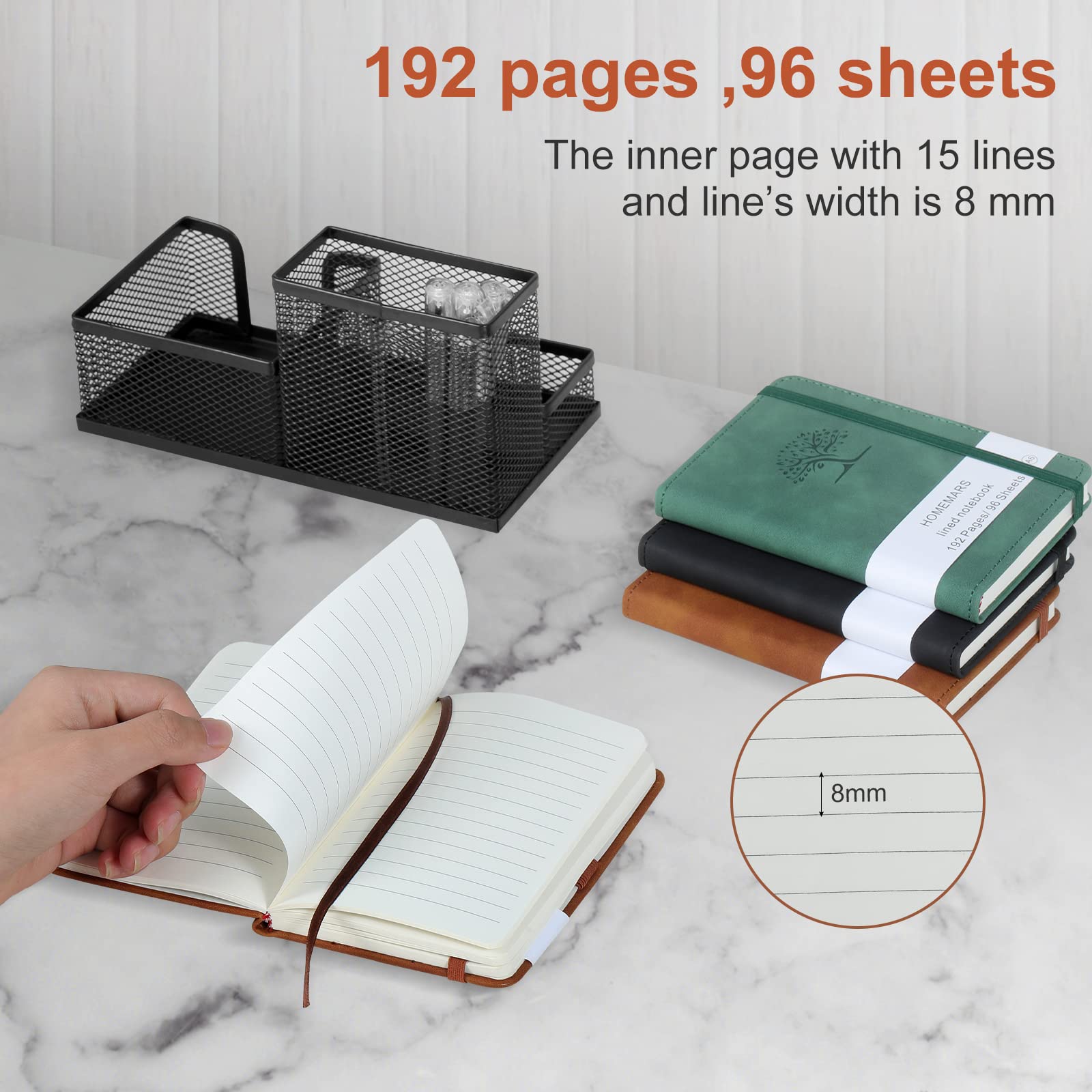 Notebooks, Notepad, Mini Notebook, 3 Pack with Pen,HOMEMARS Pocket Notebook, Lined Paper, 3.7" x 5.7"Leather, Brown, Green, Black, 192 Pages Each, Hardcover, Journal Notepad, Embossing Tree Design