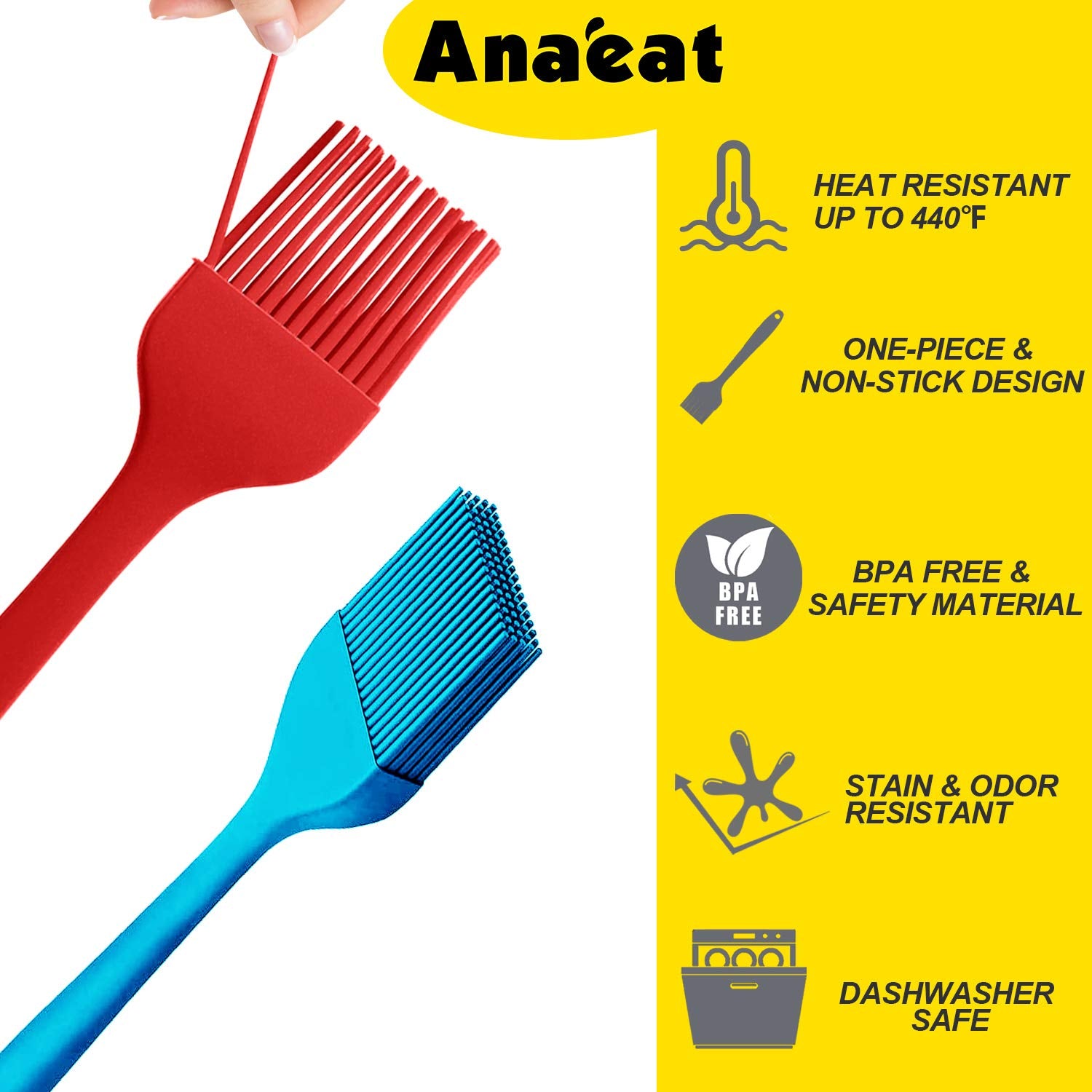 Anaeat High Heat Resistant Silicone Basting Pastry Brush Set of 5 - Hygienic One-Piece Design Spread Oil Butter for BBQ Grill Barbecue Baking Kitchen Cooking - BPA Free & Dishwasher Safe (10"+8")