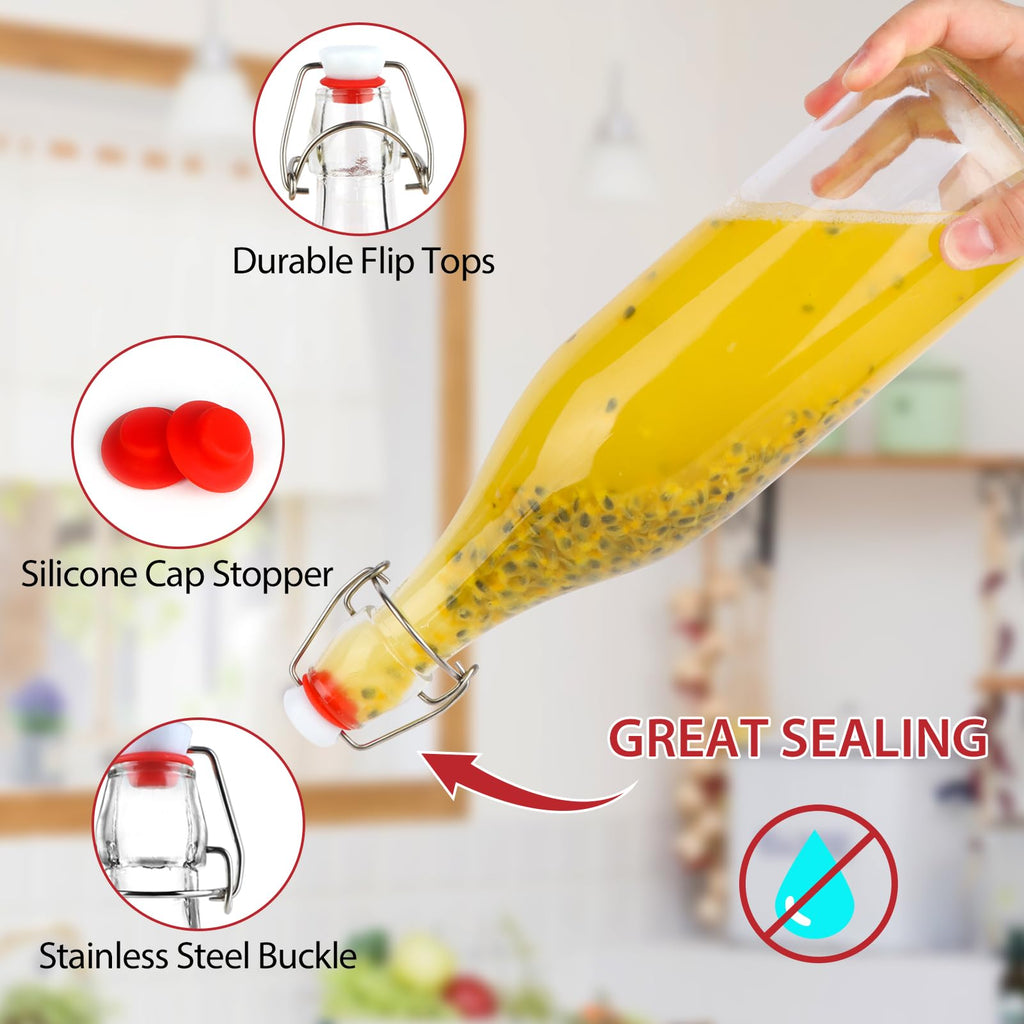 HWASHIN 1 Liter Swing Top Glass Bottles, 4 Pack 33 oz Flip Top Bottles with Airtight Stopper for Home Brewing, Kombucha, Beer, Kefir, Beverages
