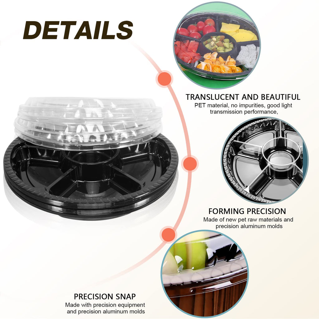 mwellewm 10 Pcs Round Plastic Appetizer Tray with Lid,Divided Serving Tray, Disposable Food Storage Trays Containers, Plastic Tray Storage,Fruit Platter Vegetable Trays for Party and Buffet 10.4 Inch